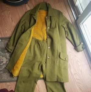 Vintage 1960s 1970s retro dark lime green gold fur jacket trouser pantsuit set